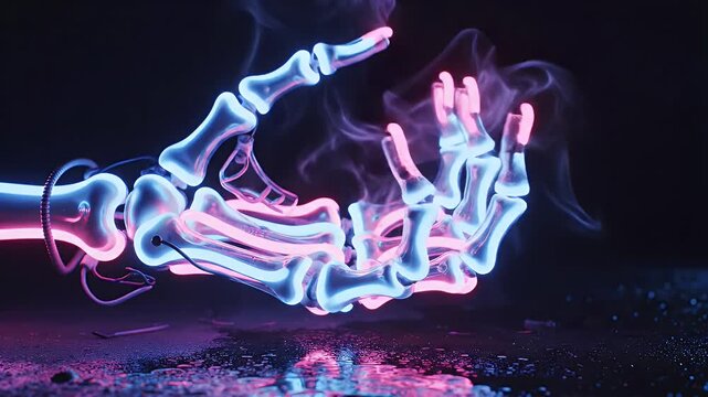 Glowing Neon Skeleton Hand Animation at Night - A close-up shot of a skeleton hand made of neon tubes, glowing in pink and blue light.