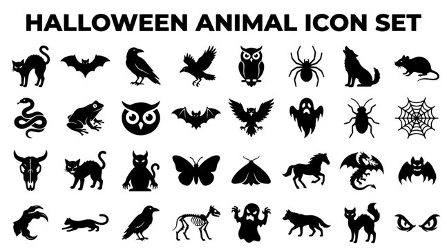 Halloween animal icon set. Spooky creature silhouettes for holiday design projects.