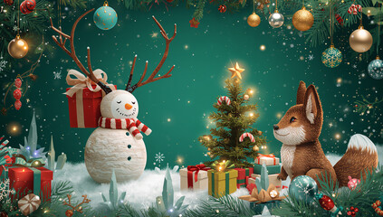 Whimsical forest scene with a snowman carrying gifts and a fox celebrating christmas in a snowy woodland christmas woodland holidays decorations wildlife celebration presents ornaments © Suborna