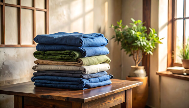 Stack of neatly folded colorful towels.