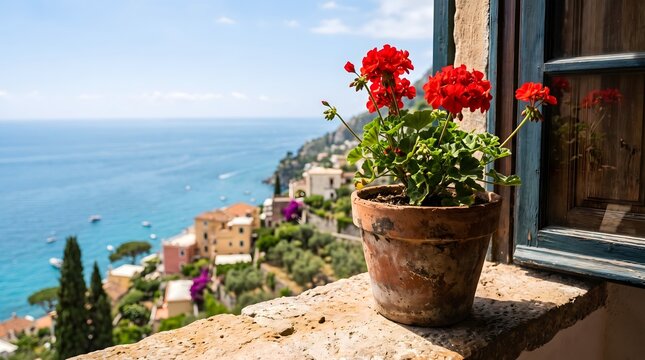 Colorful potted flowers on a rustic balcony overlooking the sea. Vibrant floral display in a Mediterranean setting, perfect for travel and relaxati...