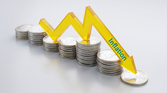 Inflation concept with stacks of silver euro coins and a yellow arrow labeled inflation on white background