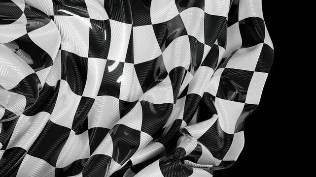 A carbon fiber checkered flag waving against a black void, showing the detailed textured material weave and dynamic motion