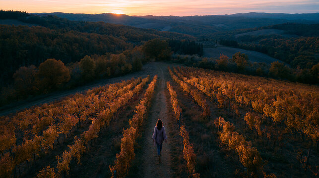 Woman Walking Through Autumn Vineyard at Sunset