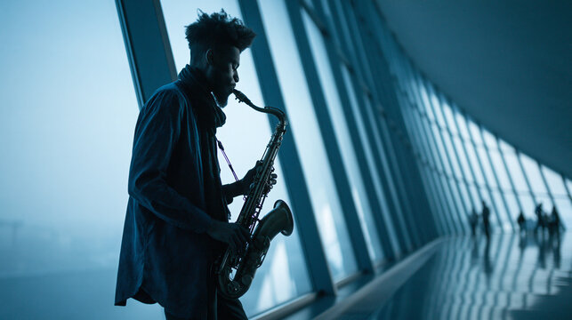 Saxophonist Playing in Modern Urban Architecture