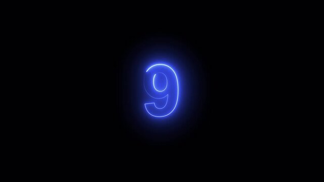 Glowing neon number 5 isolated on dark background, 3D blue illuminated digital number animation for countdown, leader, top rank, or anniversary glowing loop mathmetical number from 0 to 10 with 4k .