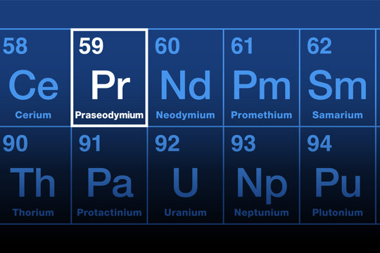 Praseodymium on periodic table of the elements. Lanthanide and rare-earth metal, with atomic number 59, and chemical symbol Pr, from Ancient Greek prasinos and didymos, for leek green and twin. Vector