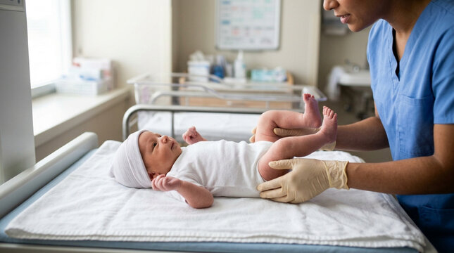 Nurse examining newborn baby on changing table, healthcare, medical checkup