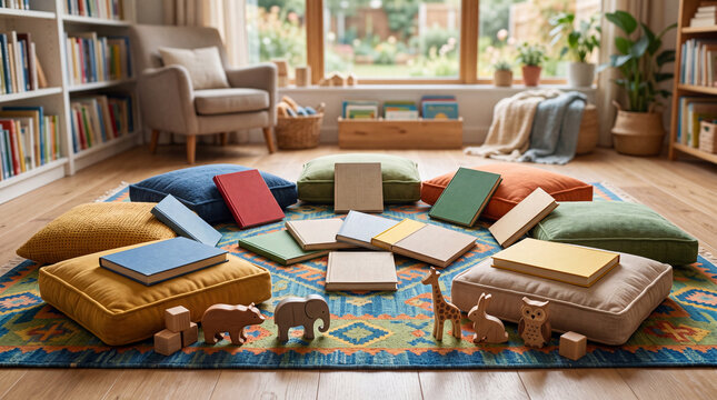 Welcoming senior community book club table with large print books and tea