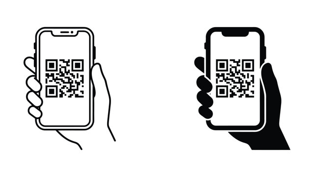 Two hands holding smartphones displaying QR codes for scanning purposes