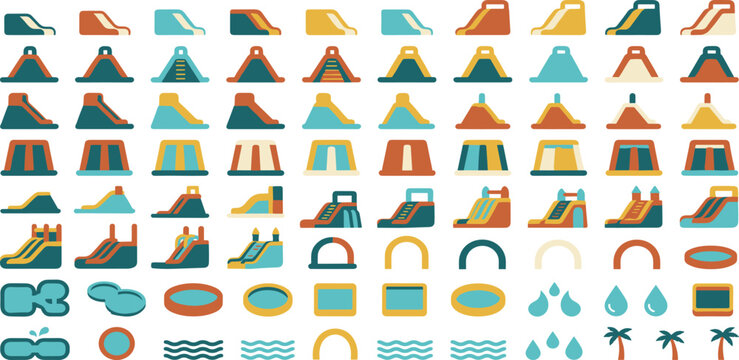 Inflatable Water Slide and Bouncy Castle Vector Icon Set Featuring Amusement Pools, Palm Trees, Arches, and Splash Drops for Children Party Rental Marketing Designs
