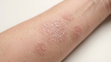 Fototapeta premium Close-up of human arm skin with scaly red patches of plaque psoriasis, chronic autoimmune skin disease concept