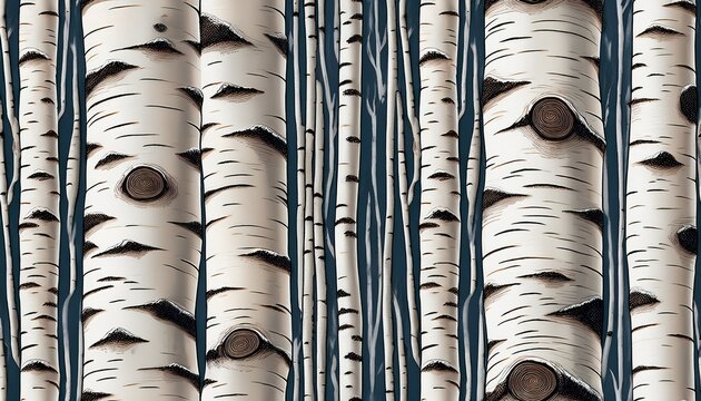 seamless birch forest pattern with white tree trunks and dark bark markings repeating background design suitable for wallpaper fabric or digital textures