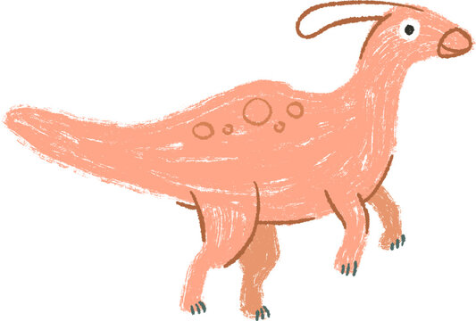 Cute cartoon parasaurolophus dinosaur drawn in crayon texture style vector illustration isolated on white background. Funny naive children art for education book or game.