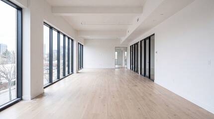 Fototapeta premium Unfurnished new build open plan interior with large windows and neutral finishes