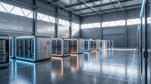 Modern futuristic data center server room with rows of high-tech computer racks and blue neon lighting in an industrial hall