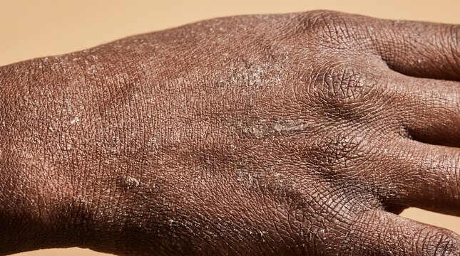 Macrophotography of dark skin texture with extreme dryness, ashy skin, and scaling pattern similar to ichthyosis, xerosis concept