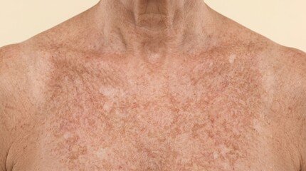 Fototapeta premium Close-up of senior female chest and decolletage area with severe sun damage, age spots, freckles, and hyperpigmentation, aging skin concept
