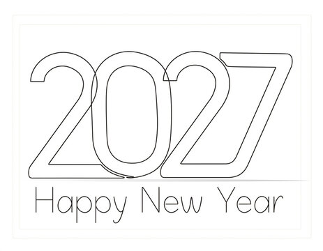 Minimalist Happy New Year 2027 Celebration Greeting Card Design with Elegant Black Outline Typography on White Background