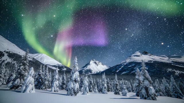 Spectacular Aurora Borealis Over SnowCovered Forest and Mountains - A breathtaking view of the Aurora Borealis dancing in vibrant green and purple hues across a star-filled night sky.