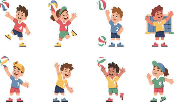 Eight cheerful children celebrating with colorful beach balls and sports gear Vector