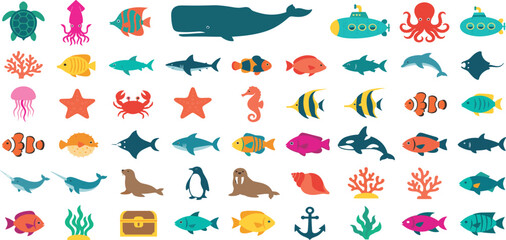 Sea Life and Ocean Animal Vector Icon Set Featuring Whales, Sharks, Submarines, Fish, Coral, and Nautical Elements for Children Patterns and Graphic Designs © MdSirazul