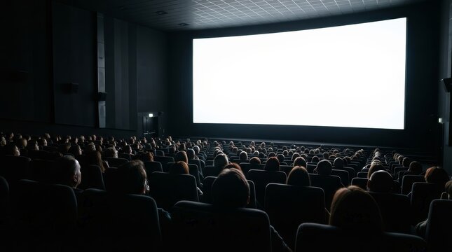 A large white movie screen in a dark theater room filled with people watching from seats.