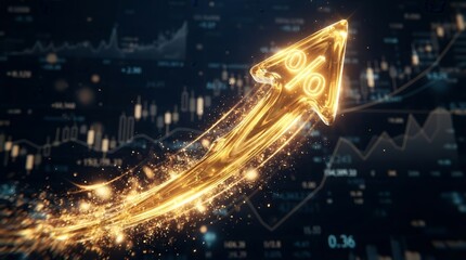 Fototapeta premium A glowing golden arrow featuring a percentage symbol represents inflation and financial growth trends.