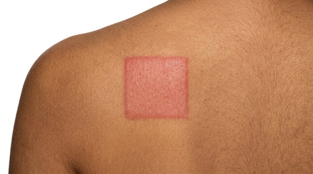 Close-up of skin patch test reaction or tape residue redness on dark male shoulder, contact dermatitis, allergy test, or sunburn concept