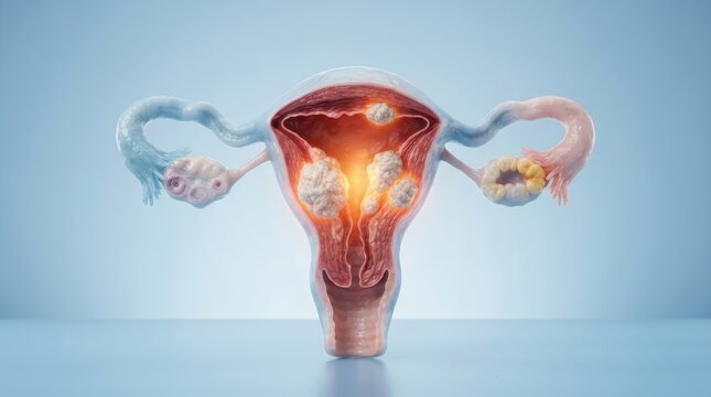 Anatomical illustration of female anatomy featuring uterine fibroids and pelvic pain for women's health.
