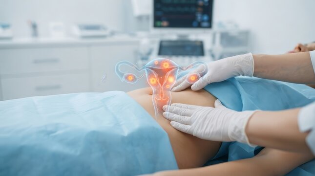 Medical concept of uterine discomfort and female anatomy with a gynecological overlay.