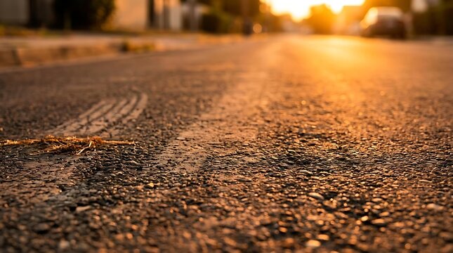 Low angle view of asphalt sunset road texture during golden hour, scenic sunset road journey background with warm bokeh light on a peaceful sunset road in summer.