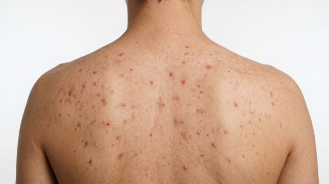 Severe back acne blemishes and red pimples on male skin, dermatological problem bacne and skincare condition close-up