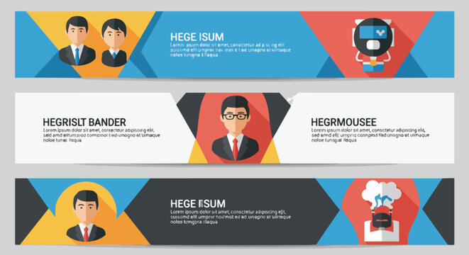 Flat design banners with business people illustrations and text layouts, vibrant colors and shadows, perfect for website headers, marketing campaigns and corporate presentations.