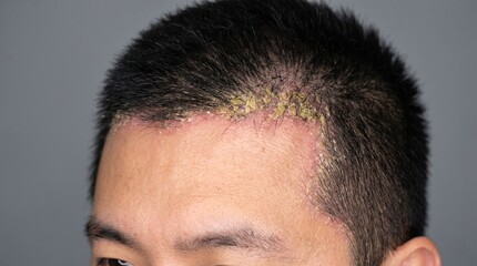 Fototapeta premium Severe seborrheic dermatitis and scalp psoriasis with yellow crusty scales on male hairline, dermatological hair condition