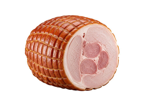A whole roasted ham with golden scored skin and succulent pink interior cross section on a transparent studio background professional culinary concept