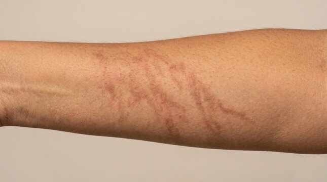 Close-up of a human forearm with red scratch marks, skin irritation, welts, or dermographism rash, medical allergy concept