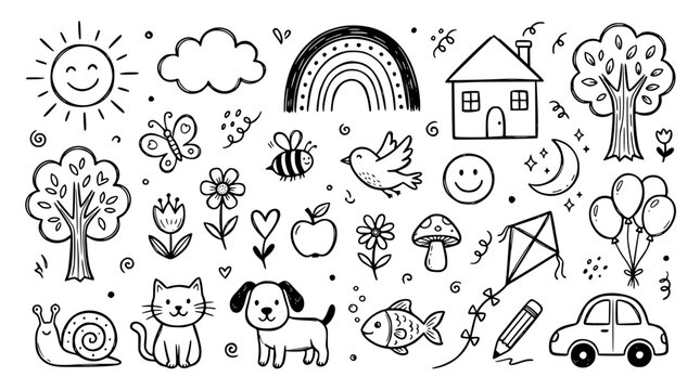 Hand drawn doodle element set for children featuring sun cloud rainbow house tree animals balloon car and cute nature symbols vector sketch illustration