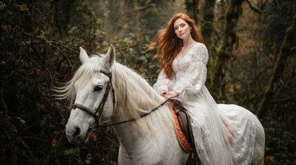Fototapeta premium Beautiful redhead woman wearing a white lace dress riding a white horse in nature.