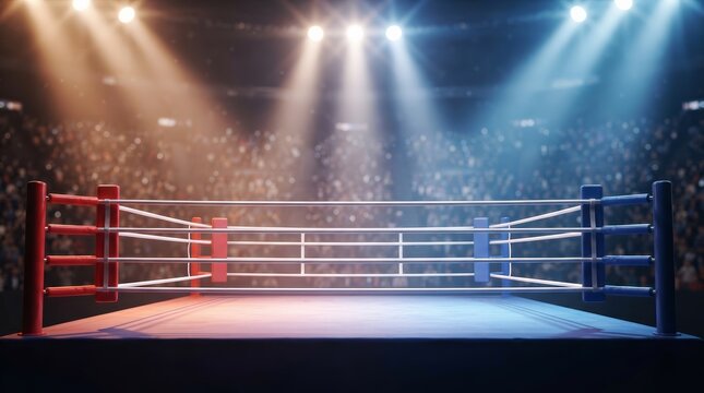 Empty boxing ring in an arena with intense spotlights and an audience in the background.