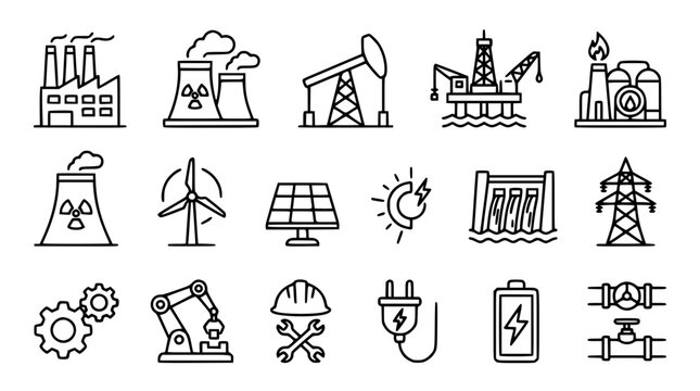 Industrial energy and power generation icon set featuring factory nuclear plant oil rig solar panel wind turbine dam battery and electrical grid line icons