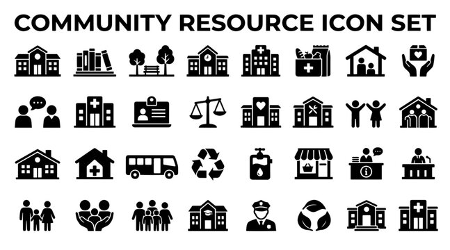A comprehensive collection of black vector icons representing community resources, social services, and public facilities.