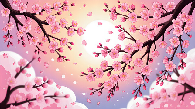 Delicate pink cherry blossoms gently falling against a soft sunrise sky with a dreamy ethereal glow
