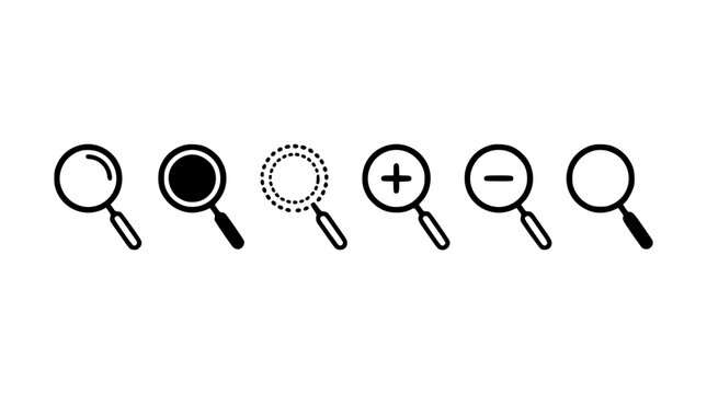 Magnifying glass icon set featuring search zoom in zoom out options and discovery tools with thin line dashed outline and solid filled black vectors