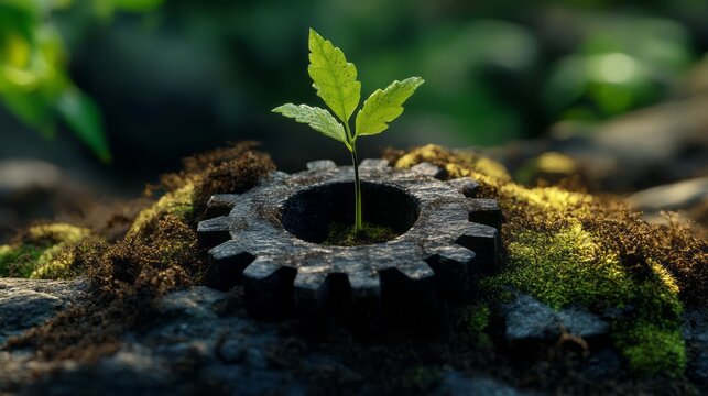 Mechanical gear with small green sprout growing from dark soil and moss symbolizing eco technology sustainable engineering renewable innovation circular economy and harmony between nature and industry