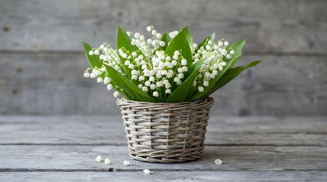 Rustic lily of the valley bouquet in wicker basket, spring white flowers on vintage grey wood background, floral arrangement for greeting cards