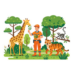 A zookeeper feeding a giraffe in a lush outdoor environment with a tiger and a lemur nearby. © davis