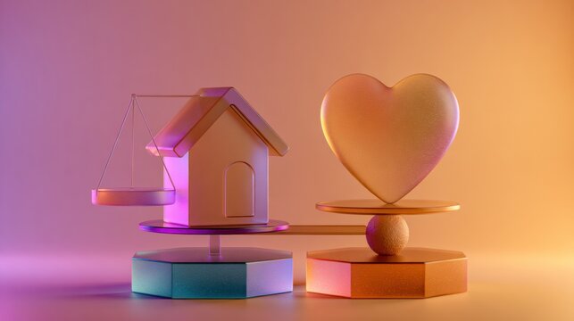 Scales present a house on one side and a heart on the other, symbolizing the balance between home and health in a warm gradient setting.