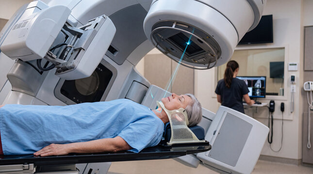 Professional oncology treatment scene showing precision radiotherapy with image-guided tumor targeting, advanced radiation dose planning, modern hospital equipment and innovative cancer treatment conc