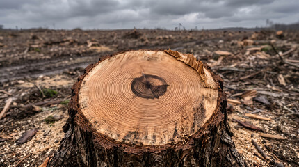 Fototapeta premium Freshly Cut Tree Stump Growth Rings with Blurred Deforested Land Background